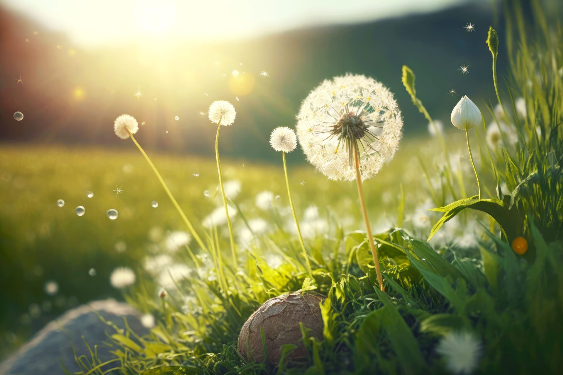 sunny summer meadow with small flowers and dandelion with seeds in nature, generative ai
